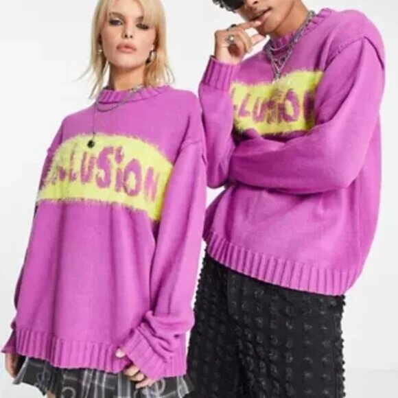 Collusion Unisex Logo Knit Sweater Size L Fuzzy Graphic Front - Picture 2 of 8